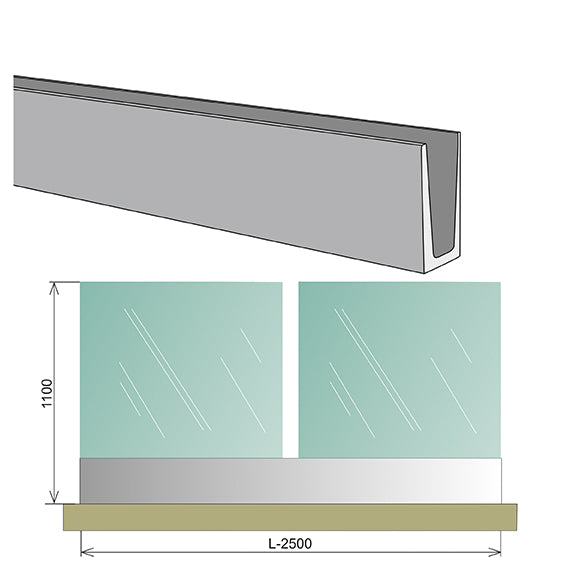 Glass railing, aluminium profile, 2500x1000mm