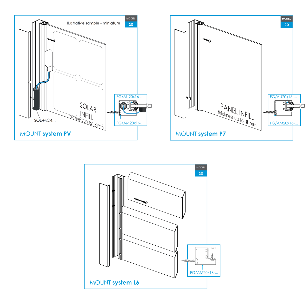 Aluminum fence adapter for panel fillings 1-8mm - 6000mm