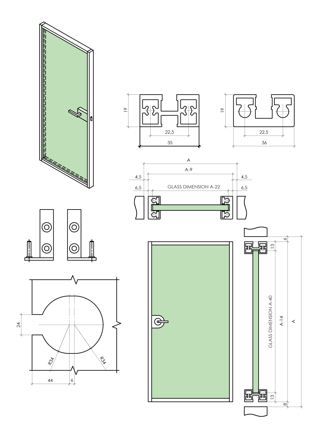 Door frame for glass door + hinges