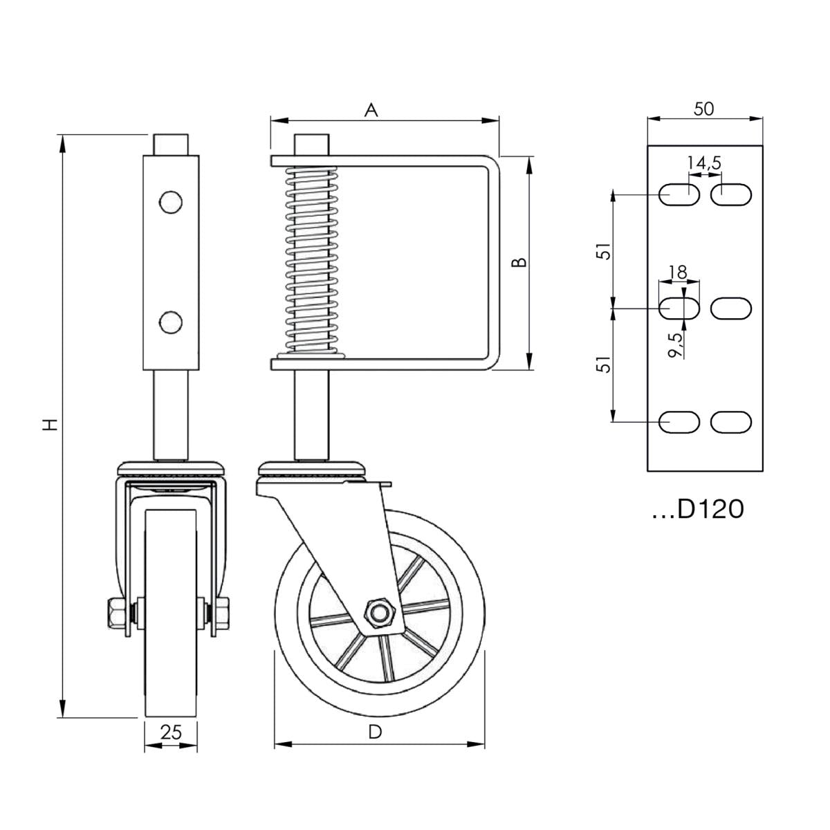 Bottom wheel for swing gates, with spring