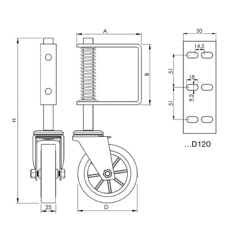 Bottom wheel for swing gates, with spring