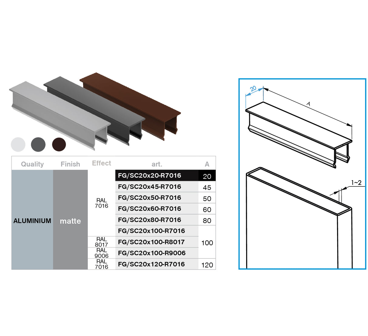 Aluminum cap for vertical fence panel and façade corner strip, 20x20 – Anthracite R7016
